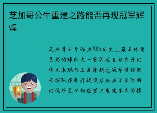 芝加哥公牛重建之路能否再现冠军辉煌
