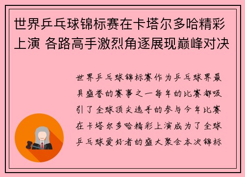 世界乒乓球锦标赛在卡塔尔多哈精彩上演 各路高手激烈角逐展现巅峰对决 世界乒乓球锦标赛在卡塔尔多哈精彩上演 各路高手激烈角逐展现巅峰对决